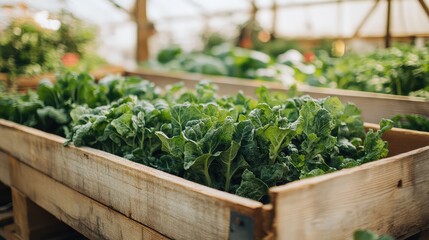 Fresh green lettuce growing in wooden crates inside a greenhouse with copy space for text.