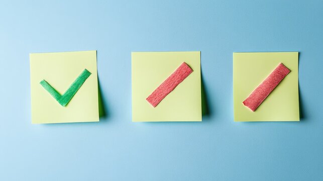 Colorful sticky notes with green check and red cross symbols on blue background Copy Space