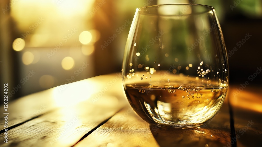 Aufkleber Glass of whiskey on a wooden table with sunlight creating a bokeh effect in the background Copy Space.