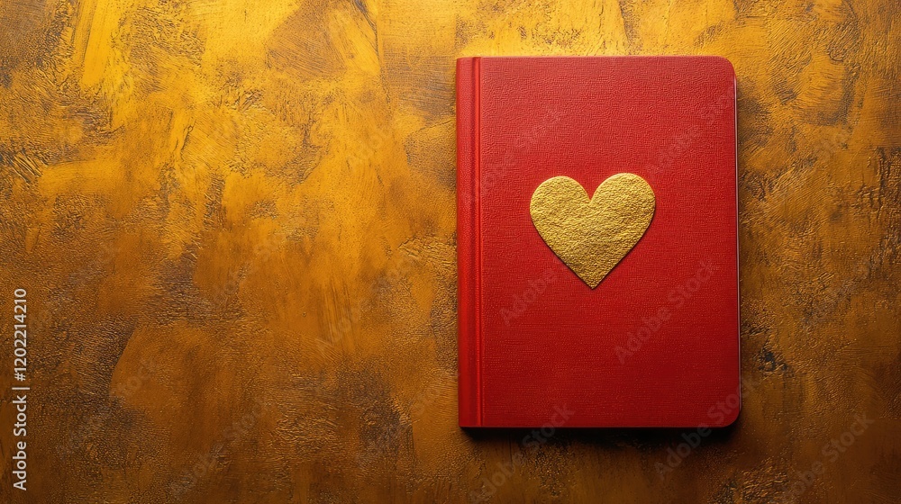 Poster Red notebook with golden heart emblem on wooden background with copy space for text