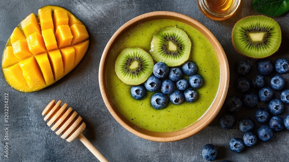 Poster fresh smoothie bowl topped with kiwi, blueberries, honey, and mango slices on a dark textured backgr