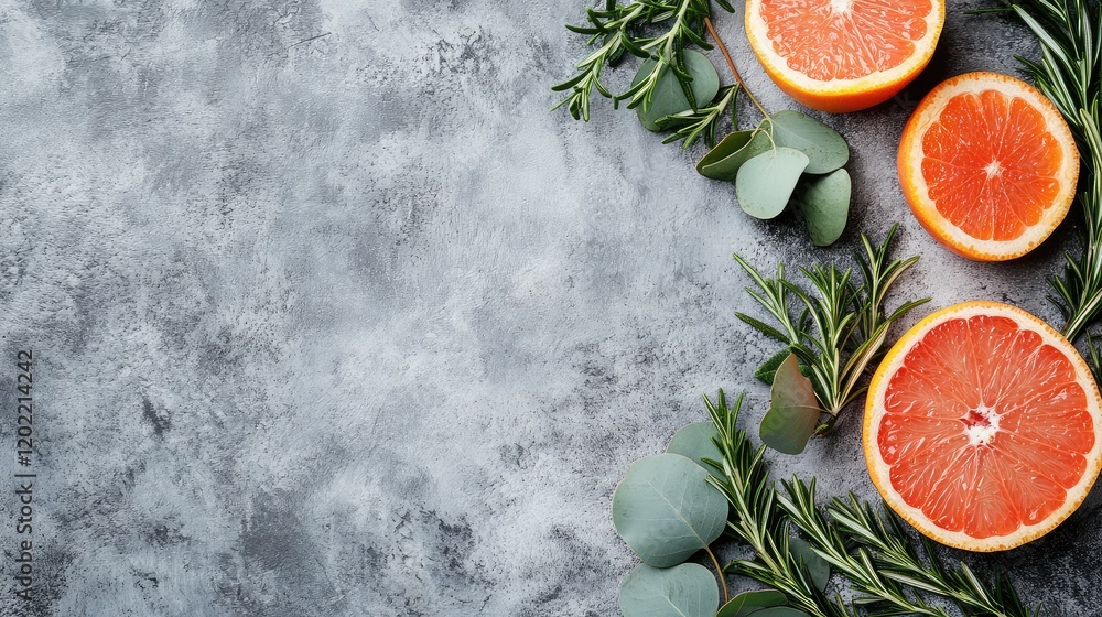 Poster Freshly sliced oranges with green herbs on a textured gray background with ample copy space for text placement.