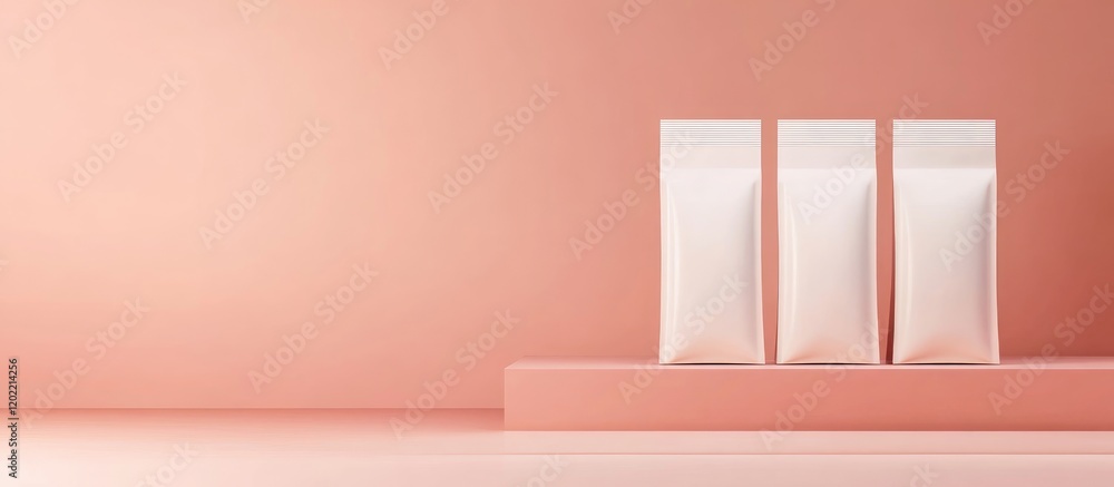 Poster minimalistic display of three white packaging bags on a pastel pink background with copy space for b