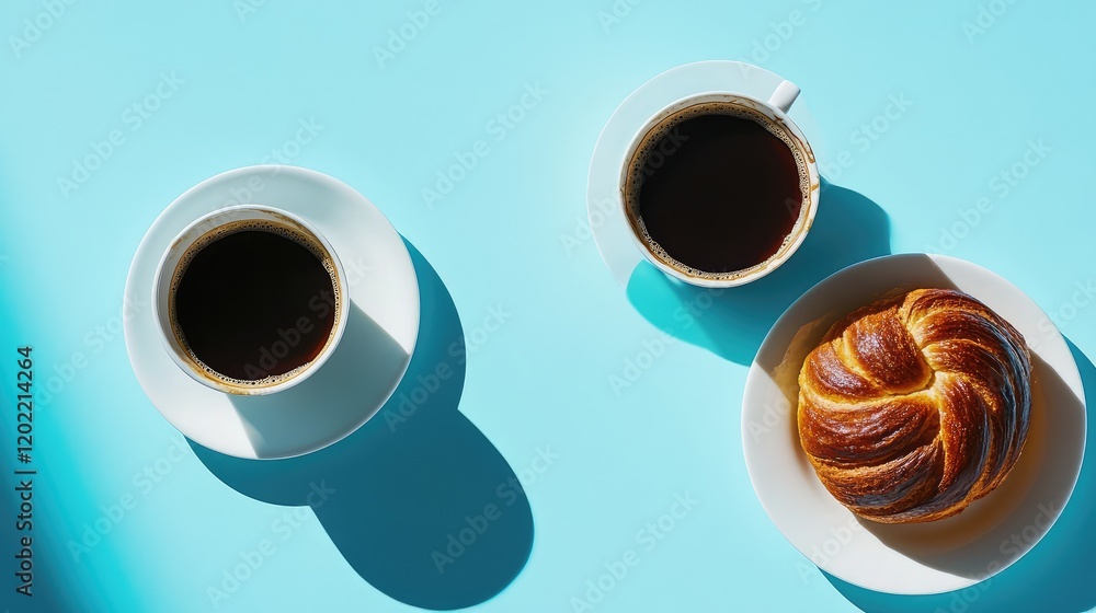 Aufkleber coffee cups and a croissant on a turquoise background with shadows and copy space for text.