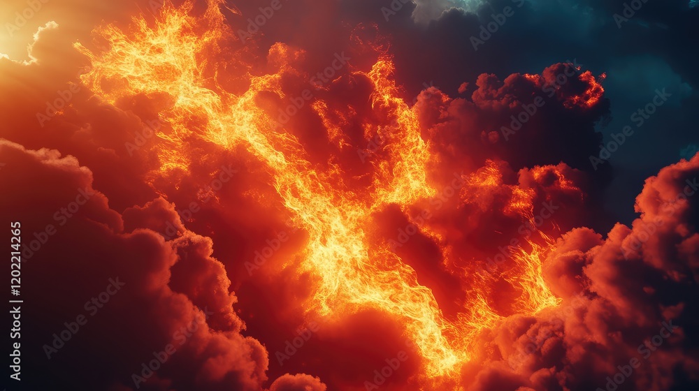Poster dramatic fiery clouds with lightning effects against a dark sky creating a vibrant atmospheric displ