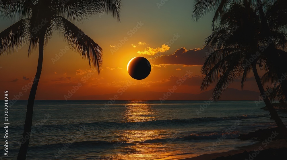 Aufkleber sunset over a tranquil beach with silhouetted palm trees and a unique solar eclipse effect in the sk