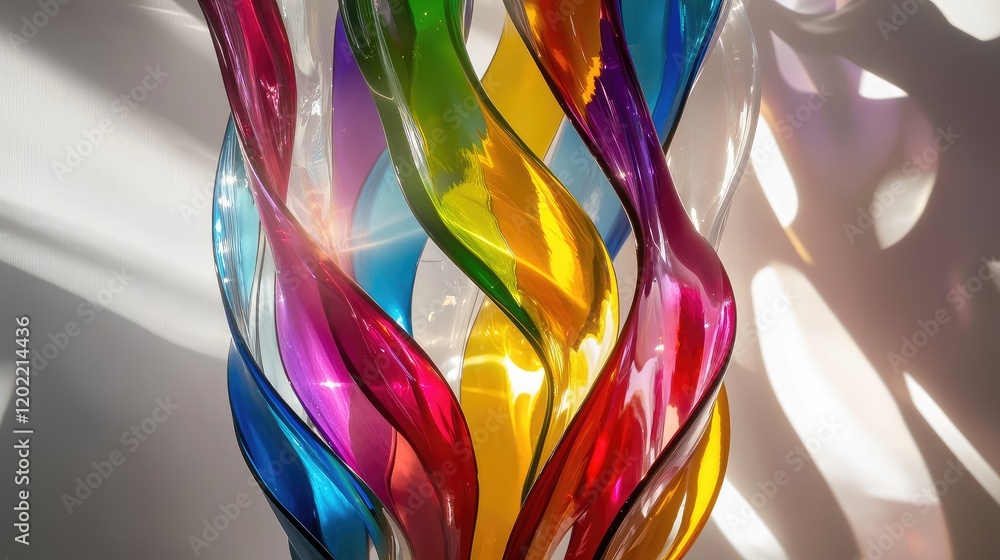 Poster colorful glass sculpture with twisting vibrant patterns illuminated by light against a neutral backg