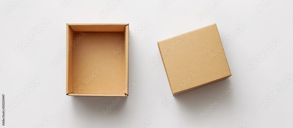 Aufkleber brown cardboard box with lid placed beside it on a white background with copy space for text placeme