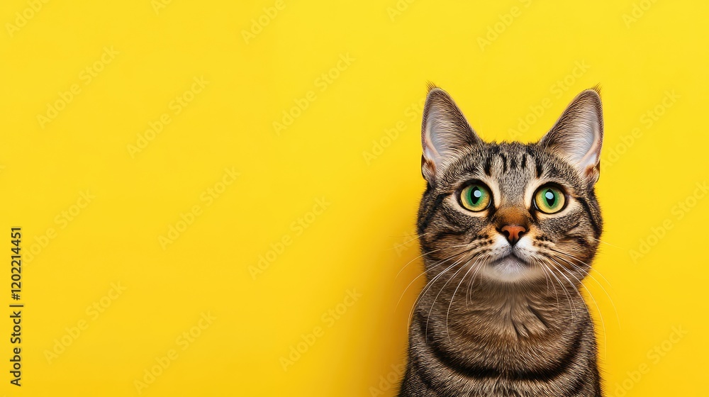 Poster tabby cat with green eyes on a bright yellow background with ample copy space for text placement