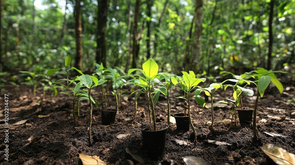 Poster young saplings in black pots on forest floor surrounded by lush green foliage with sunlight filterin