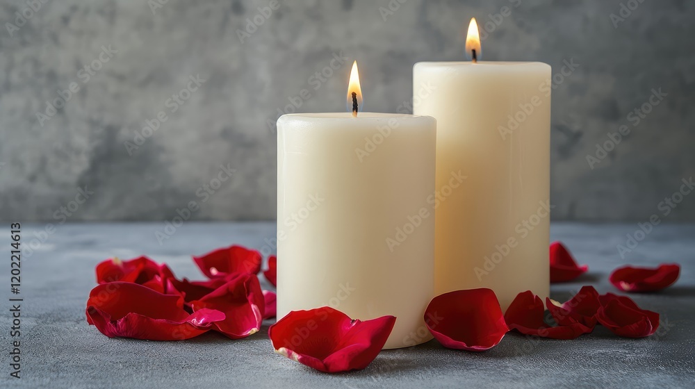 Poster warm white candles with flames surrounded by red rose petals on a textured gray background with copy