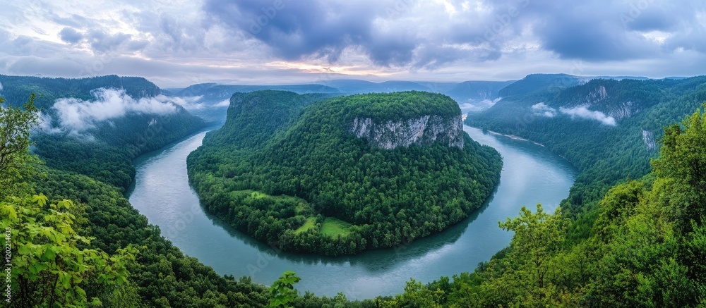 Aufkleber panoramic view of a winding river surrounded by lush green mountains under a cloudy sky with copy sp