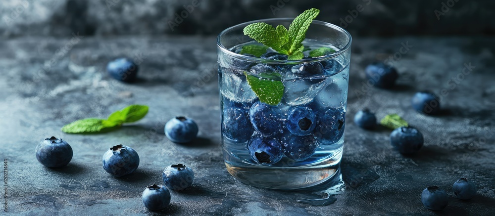 Poster fresh blueberries in a glass with mint leaves on textured dark background with copy space for text