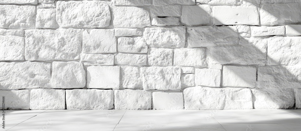 Poster White textured stone wall with strong shadows and light, ideal for background applications, Copy Space available for text placement