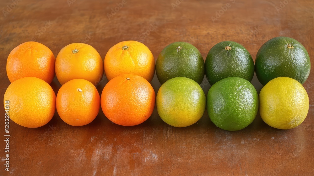 Aufkleber assorted citrus fruits including oranges and limes arranged in a linear fashion on a wooden surface 