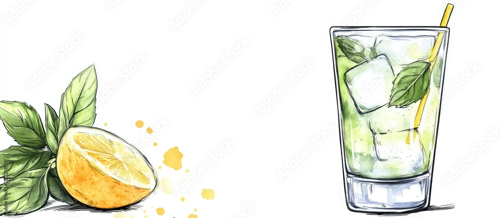 Poster lemon slice and refreshing mojito cocktail with mint and ice copy space