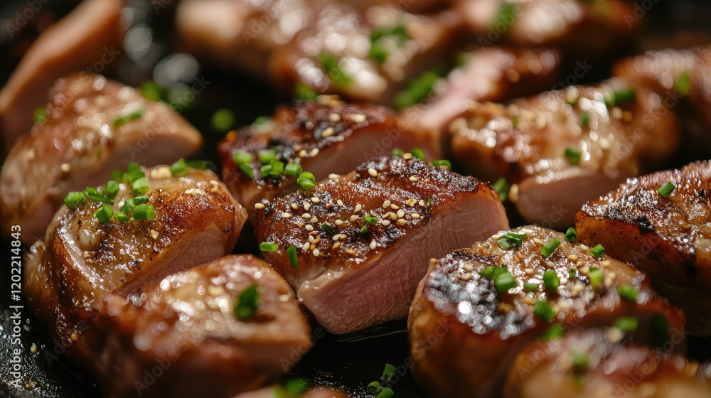 Poster grilled meat slices garnished with chopped green onions on a cooking surface with copy space