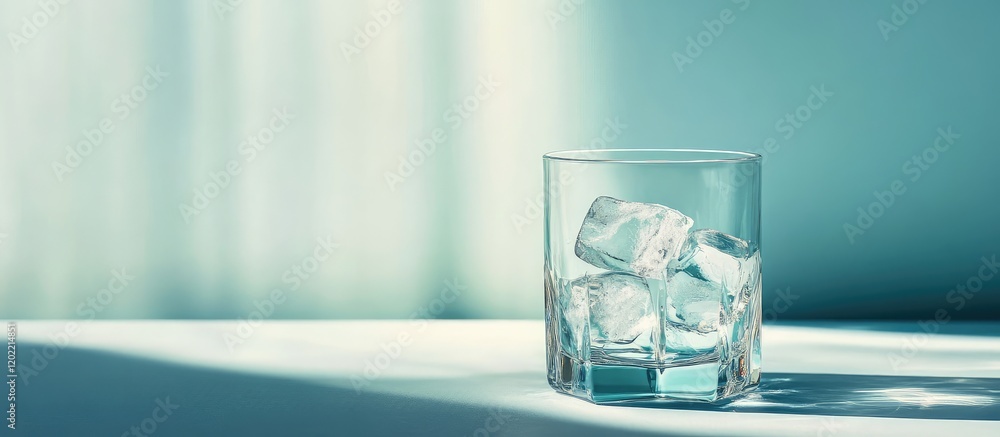 Poster close-up of a glass filled with ice cubes on a light surface with soft shadows and natural light cop
