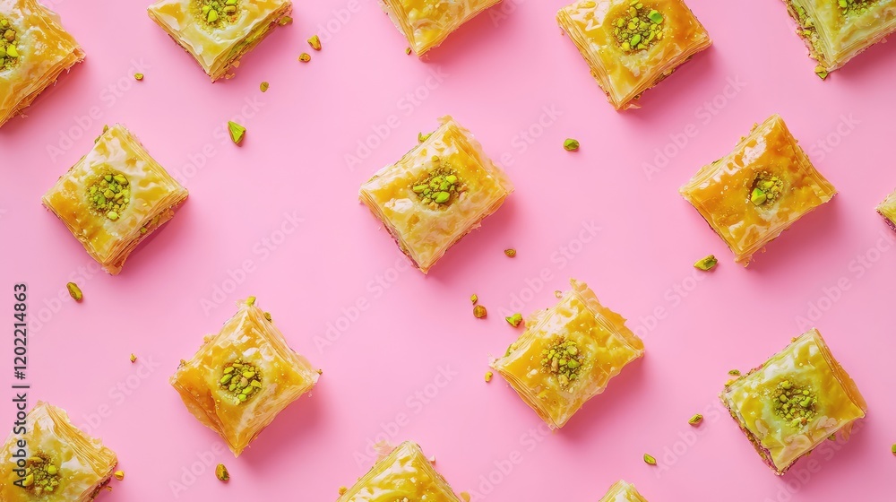 Poster baklava sweets arrangement on pink background with copy space for text