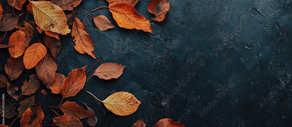 Aufkleber autumn leaves scattered on dark textured background with copy space for text placement