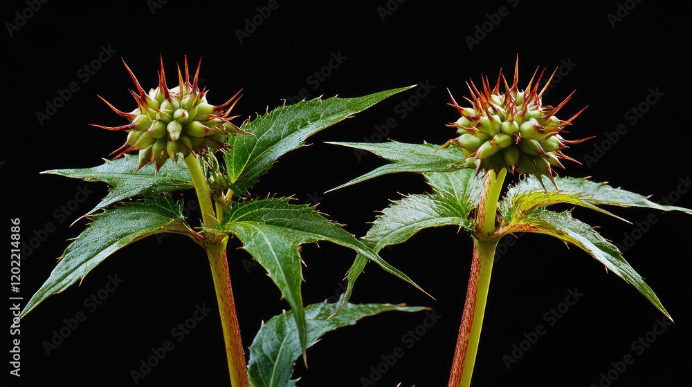 Poster thorny flowers on green stems against black background with copy space for text. close-up of botanic