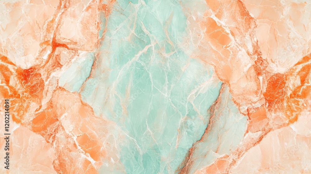 Poster abstract marble pattern with orange and turquoise colors and natural veining copy space