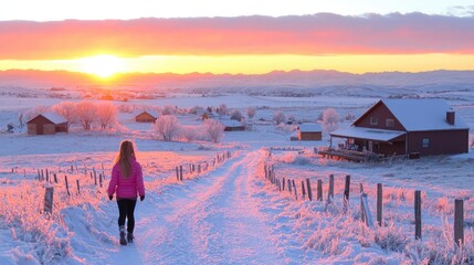 Girl walks snowy road at sunrise, rural winter landscape. Use Winter travel, serenity
