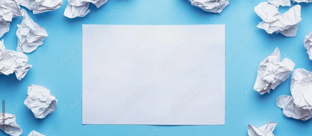 Poster Crumpled paper surrounding a blank sheet on a blue background with ample Copy Space for text placement or design elements