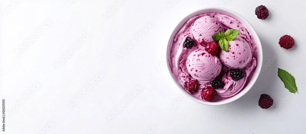 Poster Bowl of raspberry ice cream with berries and mint leaves on white background with copy space