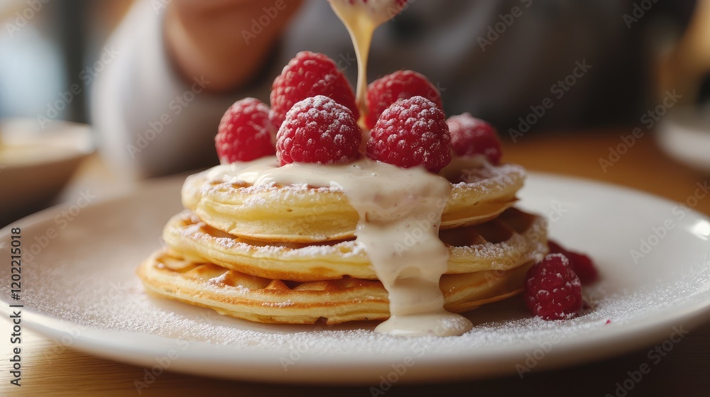 Poster delicious pancakes topped with fresh raspberries and drizzled with cream on a white plate with copy 