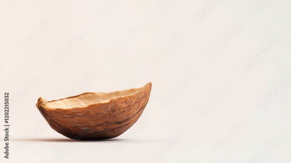 Poster Empty walnut shell on a plain background with ample Copy Space for text placement.