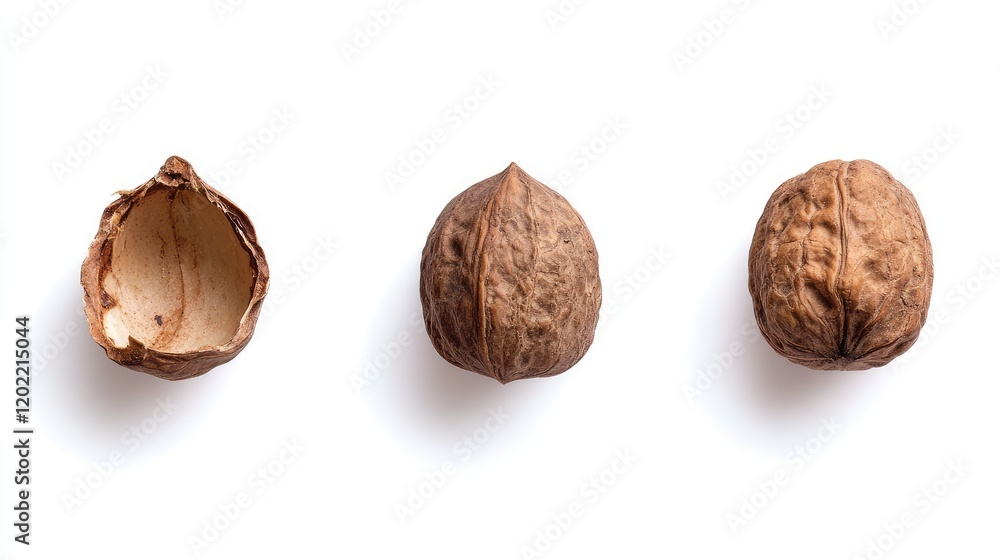 Poster Brown walnut shell and nut isolated on white background with copy space for text. Whole walnut, broken shell, and empty shell side by side.