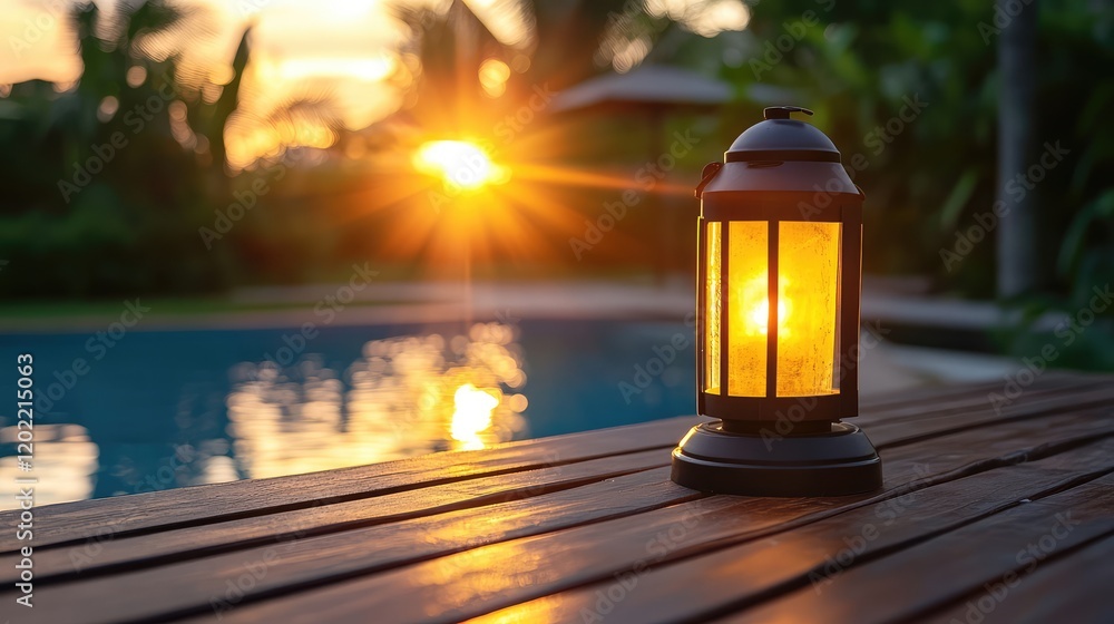 Aufkleber a lit lantern on wooden surface by a swimming pool at sunset with soft focus foreground and backgrou