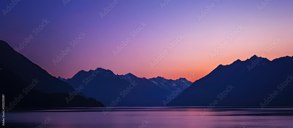 Poster Mountain landscape during twilight with reflections on calm waters and soft gradient sky, Copy Space available.