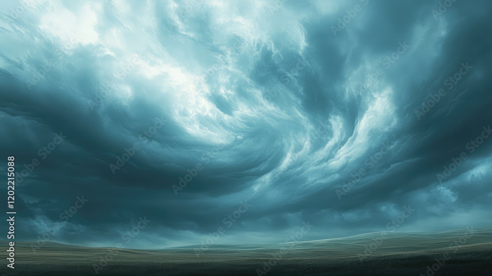 Poster dramatic storm clouds swirling in the sky with muted colors and gradient landscape below copy space