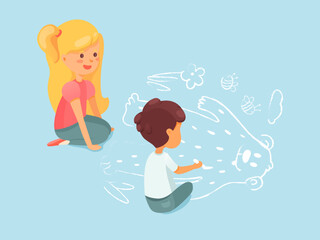 Kids drawing with chalk on asphalt illustration. Little boy making bear sketch on street. Preschoolers create crayon paintings on sidewalk. Cartoon friends, siblings enjoy summer outdoor activities.