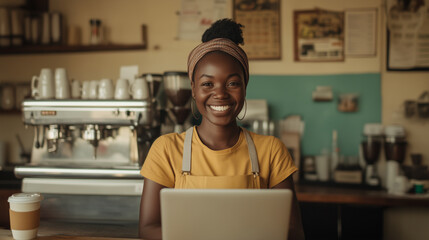 Fototapeta premium Young woman working on laptop in cozy coffee shop while smiling at the camera during afternoon hours. Generative AI