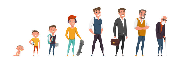 Man life cycle, stages flat vector illustration. Cartoon male characters. Person growth process, phases. Infancy, childhood, maturity and senility. Baby, teenager, adult and senior.