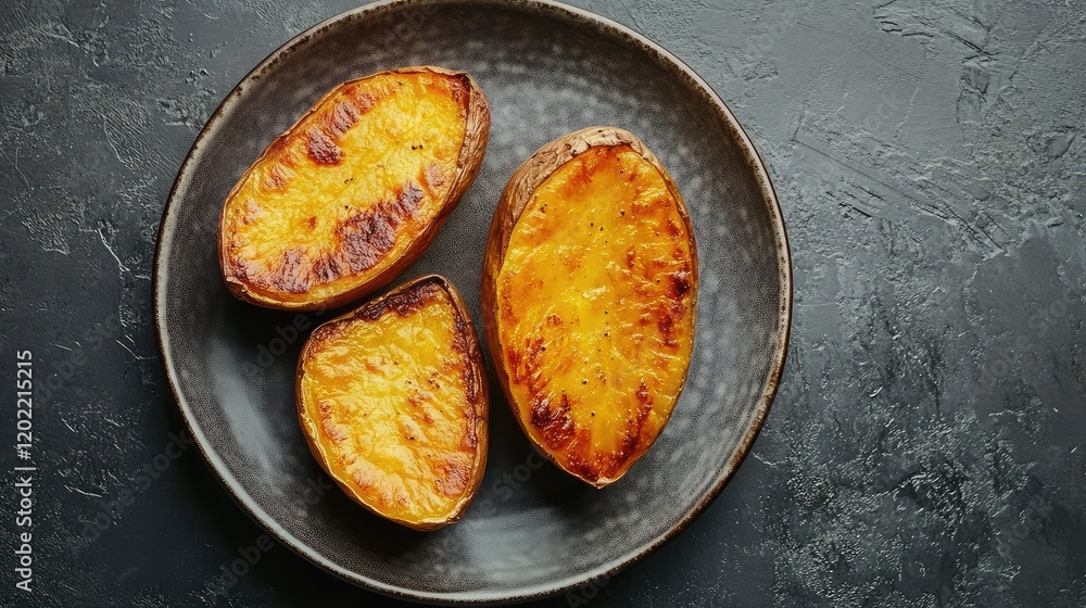 Poster baked sweet potatoes on a dark plate with textured background and copy space for text