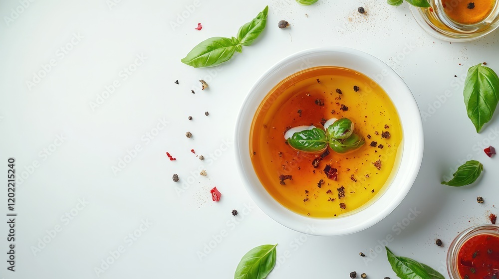 Poster bowl of flavored olive oil with fresh basil leaves and assorted spices on white background with copy