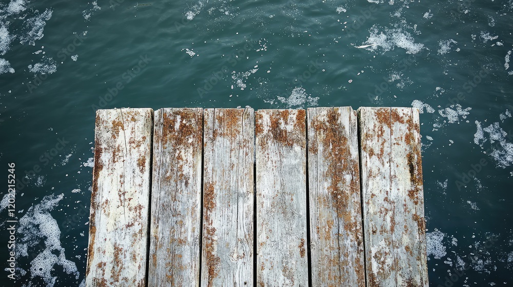 Aufkleber wooden pier above water with rustic texture and water splashes, suitable for background use, copy sp