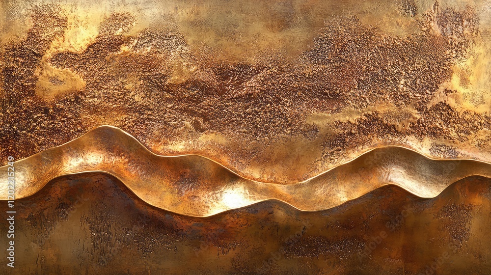 Poster Abstract metal texture with flowing wave patterns and warm golden hues against a textured background Copy Space