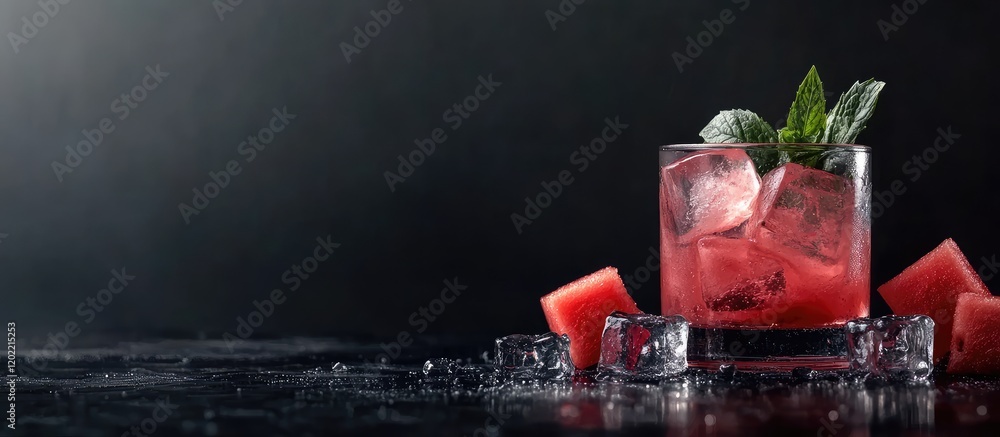 Poster watermelon cocktail with ice cubes and fresh mint leaves on a dark background with copy space for te