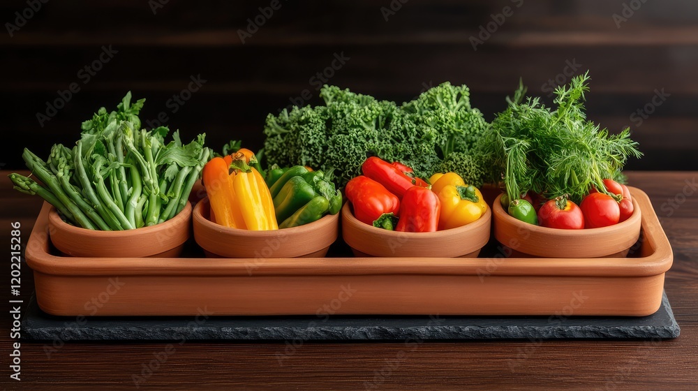 Poster Fresh assorted vegetables in clay pots arranged on a wooden table with copy space for text or design.