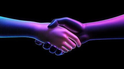 Two hands shake in a vibrant, digital style, symbolizing agreement, unity, and connection against a dark background.