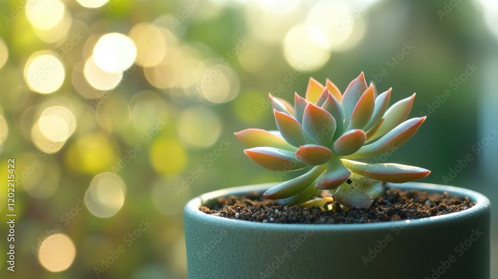 Aufkleber succulent plant in a pot with blurred bokeh background and natural light copy space