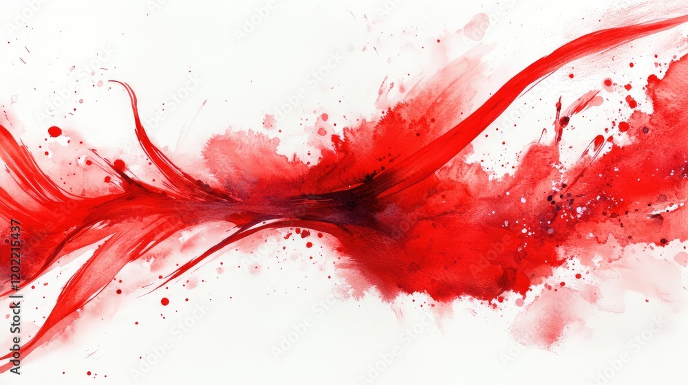 Poster Vibrant red abstract watercolor splash with dynamic brush strokes and scattered paint droplets on white background with Copy Space