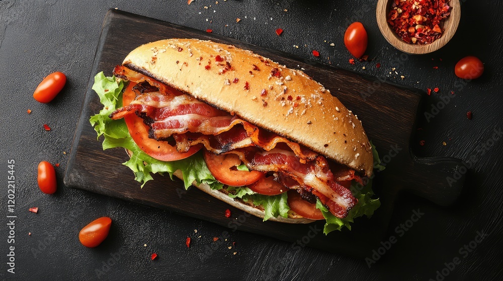 Poster bacon sandwich with fresh vegetables on wooden board with cherry tomatoes and spices on dark backgro