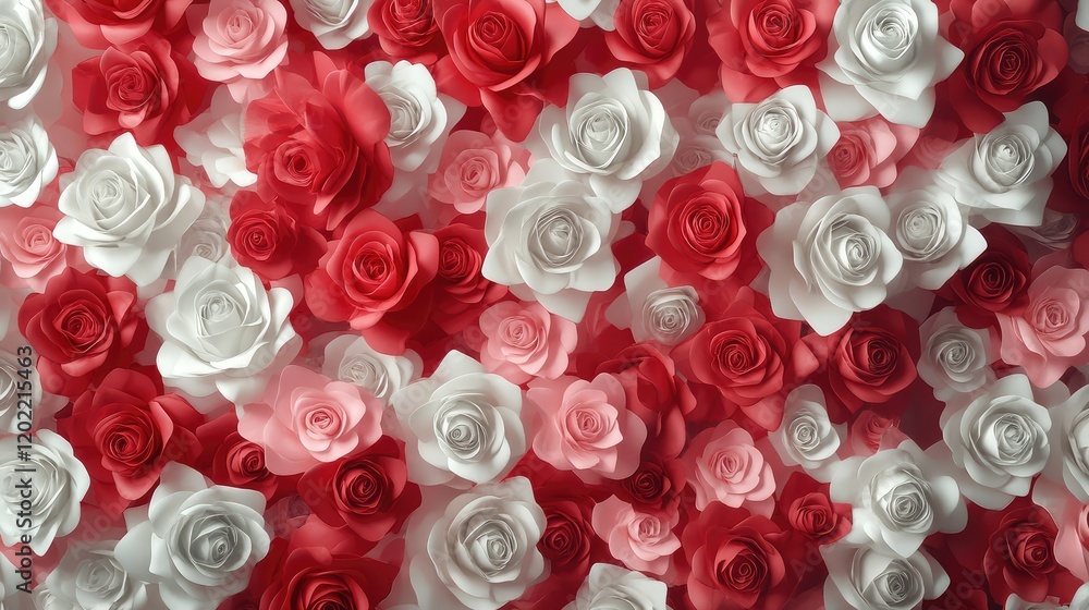 Poster Colorful array of artificial roses in shades of red, pink, and white with Copy Space for text placement.