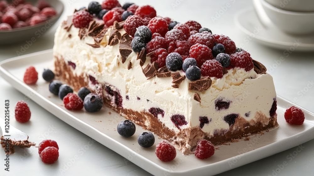 Poster delicious layered dessert with chocolate and cream topped with fresh raspberries and blueberries on 